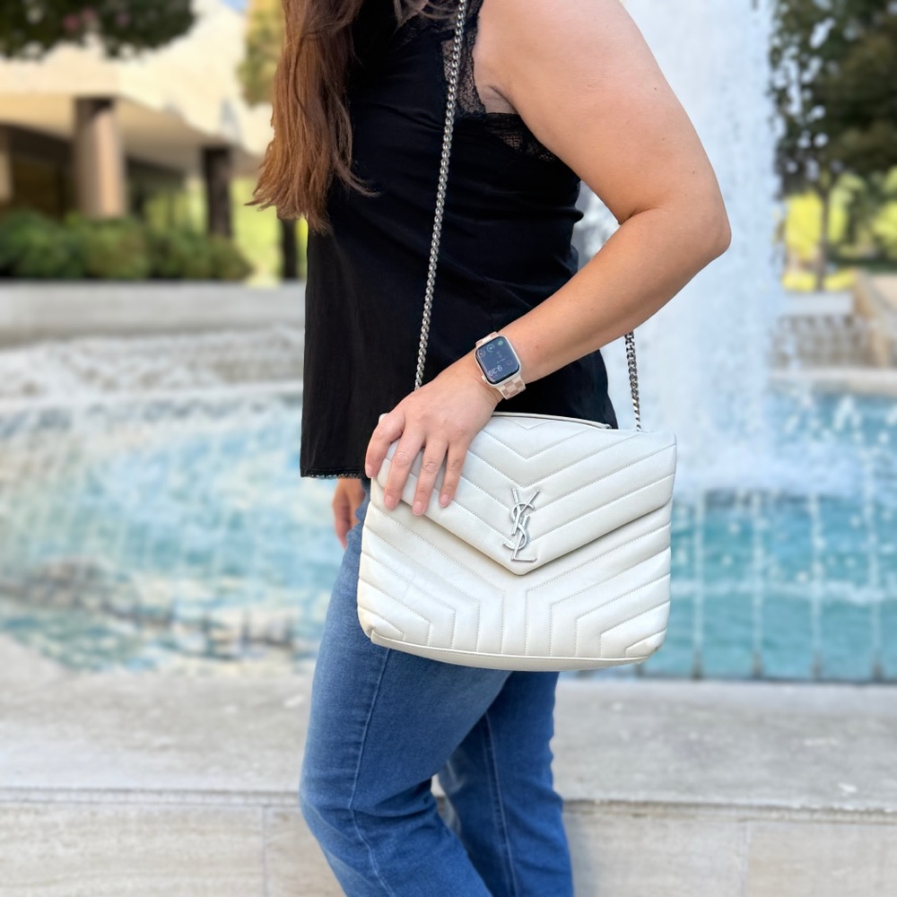 YSL Cream Loulou Medium in Matelasse Lambskin, Chevron Quilted